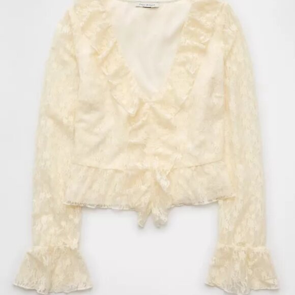AE Lace Long Sleeve Bell Sleeve Ruffle Blouse Cream Beige Boho - Picture 3 of 4